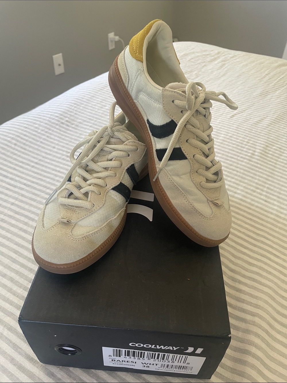 Coolway Cream & Black Suede Mesh Sneakers with Yellow Heel